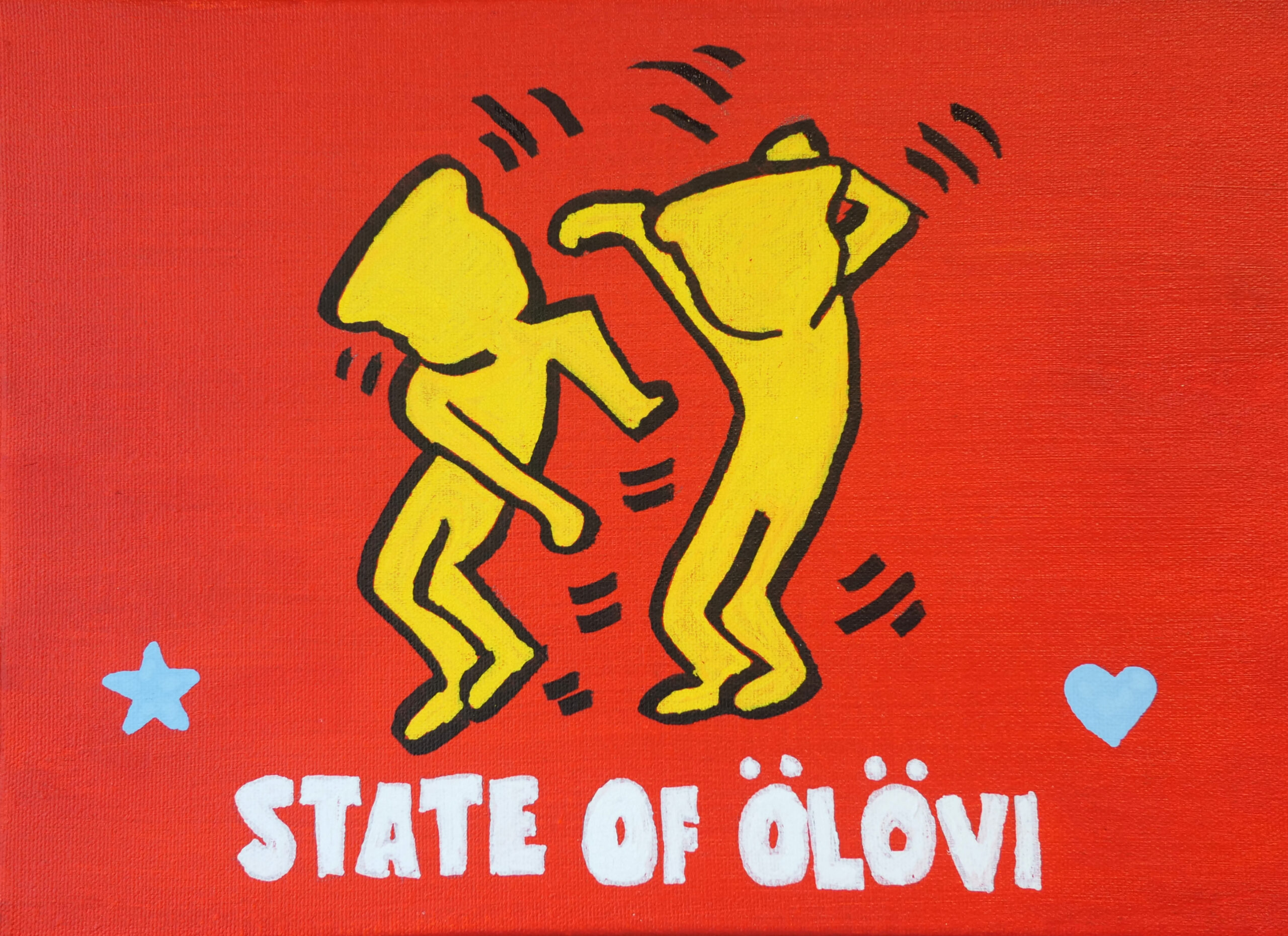 Two yellow figures partying on a red background on top of white State of Ölövi text